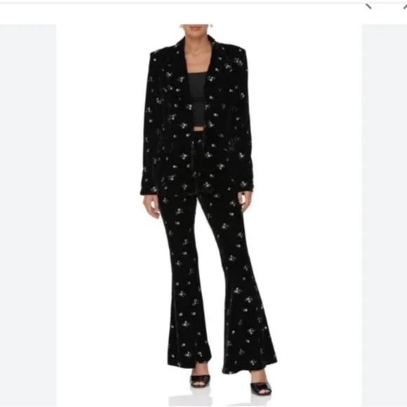 Avec Les Filles Pants - Avec Les Filles Floral Embroidered Velvet Flare Pants Black Silver S, NWOT